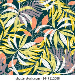 Bright abstract seamless pattern with colorful tropical leaves and plants on pastel background. Vector design. Jungle print. Floral background. Printing and textiles. Exotic tropics. Fresh design.