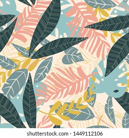 Bright abstract seamless pattern with colorful tropical leaves and plants on beige background. Vector design. Jungle print. Floral background. Printing and textiles. Exotic tropics. Fresh design.