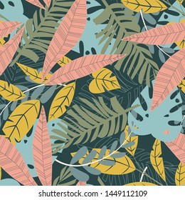 Bright abstract seamless pattern with colorful tropical leaves and plants on green background. Vector design. Jungle print. Floral background. Printing and textiles. Exotic tropics. Fresh design.