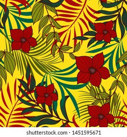 Bright abstract seamless pattern with colorful tropical leaves and flowers on yellow background. Vector design. Jungle print. Floral background. Printing and textiles. Exotic tropics. Fresh design.