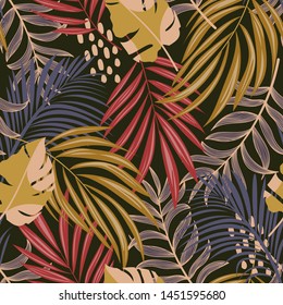 Bright abstract seamless pattern with colorful tropical leaves and flowers on brown background. Vector design. Jungle print. Floral background. Printing and textiles. Exotic tropics. Fresh design.