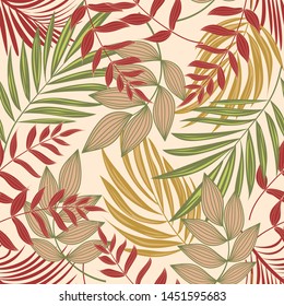 Bright abstract seamless pattern with colorful tropical leaves and plants on pastel background. Vector design. Jungle print. Flowers background. Printing and textiles. Exotic tropics. Fresh design.