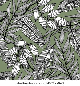 Bright abstract seamless pattern with colorful tropical leaves and plants on green background. Vector design. Jungle print. Floral background. Printing and textiles. Exotic tropics. Fresh design.