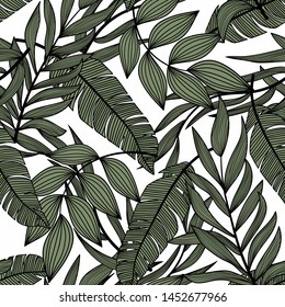 Bright abstract seamless pattern with colorful tropical leaves and plants on light background. Vector design. Jungle print. Floral background. Printing and textiles. Exotic tropics. Fresh design.
