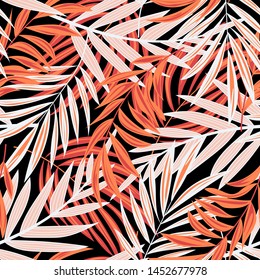 Bright abstract seamless pattern with colorful tropical leaves and plants on black background. Vector design. Jungle print. Floral background. Printing and textiles. Exotic tropics. Fresh design.