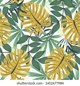 Bright abstract seamless pattern with colorful tropical leaves and plants on white background. Vector design. Jungle print. Floral background. Printing and textiles. Exotic tropics. Fresh design.