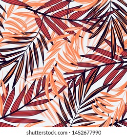 Bright abstract seamless pattern with colorful tropical leaves and plants on light background. Vector design. Jungle print. Floral background. Printing and textiles. Exotic tropics. Fresh design.