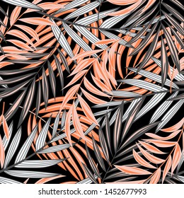 
Bright abstract seamless pattern with colorful tropical leaves and plants on black background. Vector design. Jungle print. Floral background. Printing and textiles. Exotic tropics. Fresh design.