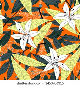 Bright abstract seamless pattern with colorful tropical flowers and plants on orange background. Vector design. Jungle print. Floral background. Printing and textiles. Exotic tropics. Fresh design.