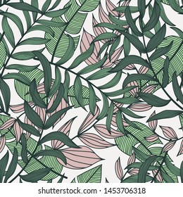 Bright abstract seamless pattern with colorful tropical leaves and plants on light background. Vector design. Jungle print. Floral background. Printing and textiles. Exotic tropics. Fresh design.