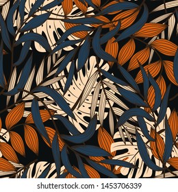 Bright abstract seamless pattern with colorful tropical leaves and plants on dark background. Vector design. Jungle print. Floral background. Printing and textiles. Exotic tropics. Fresh design.