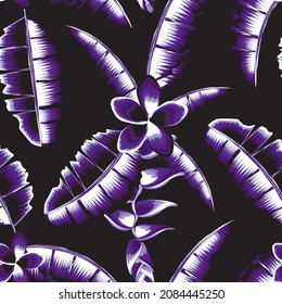 Bright abstract seamless pattern with colorful tropical banana leaves and plants flowers on dark background. Vector design. Jungle print. Floral background. Printing and textiles. Exotic tropics