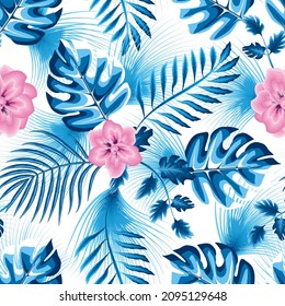 Bright abstract seamless pattern with colorful tropical monstera fern leaves and pink jasmine flower plant foliage on white background. Vector design. Jungle print. Floral background. Exotic Summer 