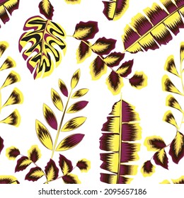 Bright abstract seamless pattern with colorful tropical leaves and plants on white background. Vector design. Jungle print. Floral background. Printing and textile. Exotic tropics. summer print design