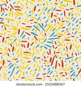 Bright abstract seamless pattern with colorful yellow, red and blue drops on light beige background.