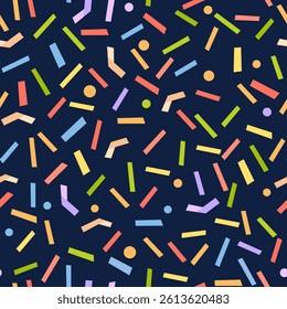A bright abstract seamless pattern with colourful confetti stripes on a dark background. Suitable for wallpaper, festive wrapping, backgrounds, packaging, festive accessories