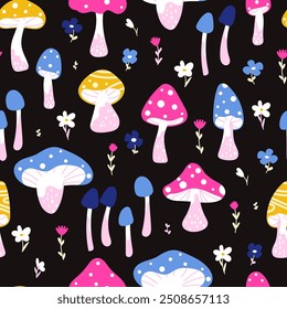 Bright abstract seamless pattern with cute mushrooms and flowers in cartoon style on a green background. Perfect for stationery, textile, fabric, wrapping paper