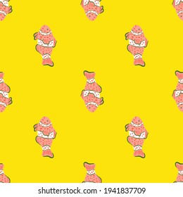 Bright abstract seamless pattern with doodle pink clown fish silhouettes. Yellow background. Simple style. Designed for fabric design, textile print, wrapping, cover. Vector illustration.