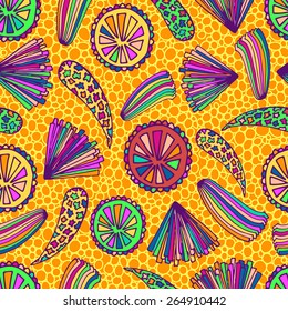 Bright abstract seamless pattern with elements of tropic fruit and flowers.
