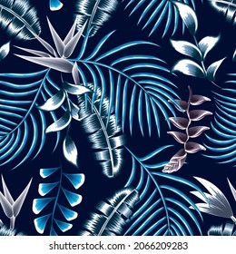 Vector de moda, con hojas tropicales coloridas y plantas en el fondo de la noche, con un patrón claro y abstracto. Diseño de vectores. Impresión de la jungla. Fondo floral. Tropical exótico. Diseño fresco
