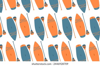 Bright abstract seamless pattern in flat style with SUP. Ornament with inflatable boards and paddle for rowing on the water