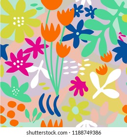 Bright abstract seamless pattern with flowers and leaves. Vector illustration.