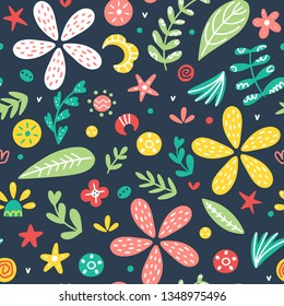 Bright abstract seamless pattern with flowers, plants and doodle elements on blue background. Vector illustration for children.