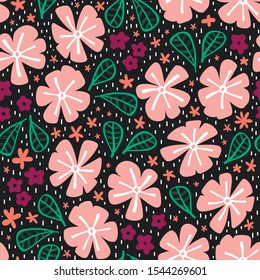 Bright abstract seamless pattern with flowers and leaves on a black background. Vector illustration.