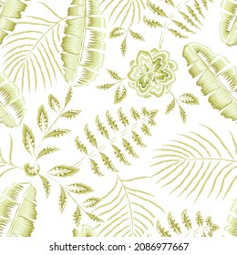 Bright abstract seamless pattern with green elegance tropical leaves and plants on white background. Vector design. Jungle print. Floral background. Printing and textiles. Exotic tropics. Fresh design