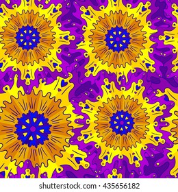 Bright abstract seamless pattern with hearts,floral,ethnic elements.Vector illustration with  fantasy circular patterns.Purple,orange,yellow,blue.print for Wallpaper,fabrics,textile,wrapping paper.
