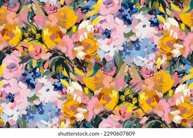 Bright abstract seamless pattern with oil-painted flowers