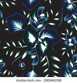 Bright abstract seamless pattern on dark background with shining blue tropical leaves and plants. Vector design. Jungle print. Floral background. Printing and textiles. Exotic tropics. Fresh design