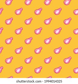 Bright abstract seamless pattern with pink simple little avocado shapes ornament. Yellow background. Decorative backdrop for fabric design, textile print, wrapping, cover. Vector illustration.