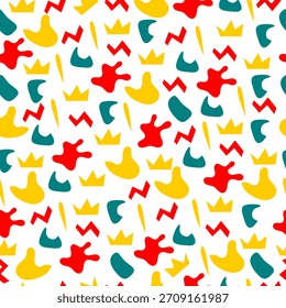 Bright abstract seamless pattern with playful shapes in yellow, red, and teal. Modern geometric background perfect for kids themes, wrapping paper, fabric, and creative design projects.