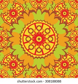 Bright abstract seamless pattern with round ornamental elements. Vector orange background.