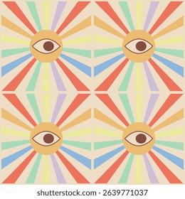 A bright abstract seamless pattern in the style of sun rays with an eye and rainbow rays.