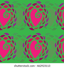 Bright abstract seamless with pink heart on the green background. Vector pattern for banner, card, invitation, textile, fabric, wrapping paper.
