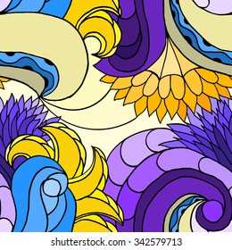 Bright abstract seamless vector pattern with hand-drawn waves and leaves. Ethnic summer template. Design for wallpaper, textile, web page background.