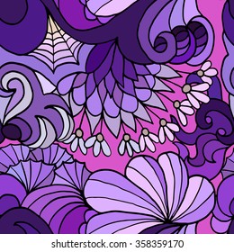 Bright abstract seamless vector pattern with hand-drawn waves and leaves. Purple and violet colors. Ethnic summer template. Design for wallpaper, textile, web page background.