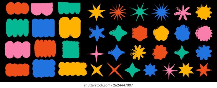 Formas abstratas brilhantes com texturas de pincel no plano de fundo preto. Elementos coloridos, artísticos e grunge ideais para pôsteres, colagens, marcas e design visual moderno. Vetor EPS 10