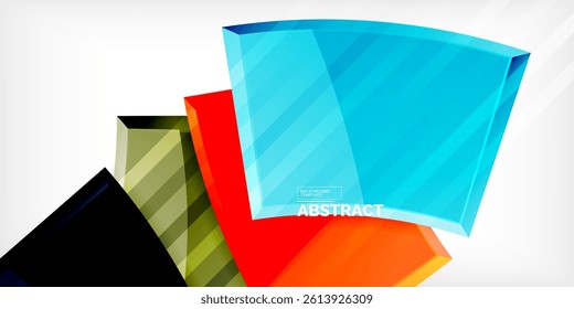 Bright abstract shapes overlap. Blue, red, black, green colors present. Modern design, clean lines, dynamic composition. Suitable for backgrounds, presentations.