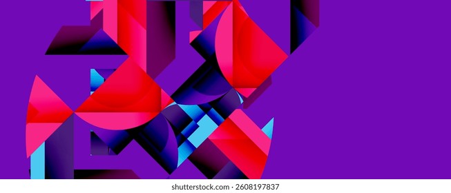 Bright abstract shapes overlap. Red, blue, pink hues create dynamic composition. Modern design, vibrant colors, geometric forms.