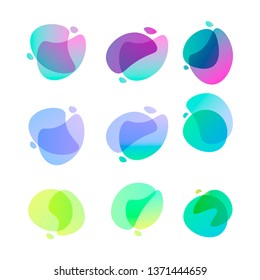 Bright abstract shapes. Set of nine gradient colored forms. Flowing liquid stains. Watercolor stains. Easy to edit vector element of design for banners, logo, etc