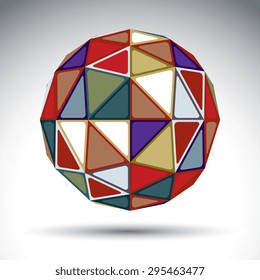 Bright abstract spherical object with kaleidoscope effect, 3d globe isolated on white background. Stylish orb constructed from colorful rectangular triangles.