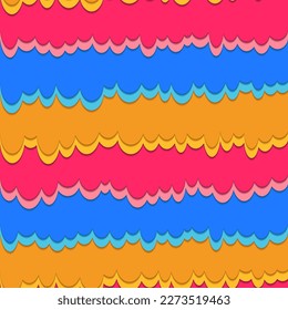 Bright abstract splash illustration. Vector seamless background with pink, blue, orange chewing gum or melting ice cream. Flow of sweet sticky liquid. Cartoon design in paper cut style.