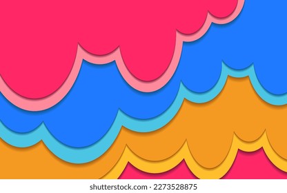 Bright abstract splash illustration. Vector background with pink, blue, orange chewing gum or melting ice cream. Flow of sweet sticky liquid. Cartoon design in paper cut style.