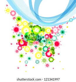 Bright abstract spring floral background with various flowers flying down. Eps10