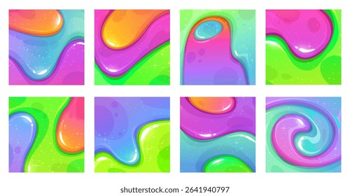 Bright abstract square mixed slime backgrounds in vibrant colors. Colorful glossy liquid slimy textures with glitter, sparkles and gradients. Fluid art, paint drips, vector illustration.