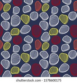 Bright abstract striped figures on a blue background. Doodle vector seamless pattern .