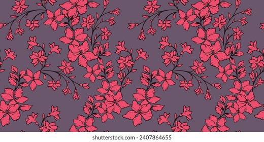 Bright abstract stylized branches flowers and buds leaves seamless pattern. Elegance artistic wild floral background. Vector hand drawn sketch. Design for fashion, fabric, wallpaper